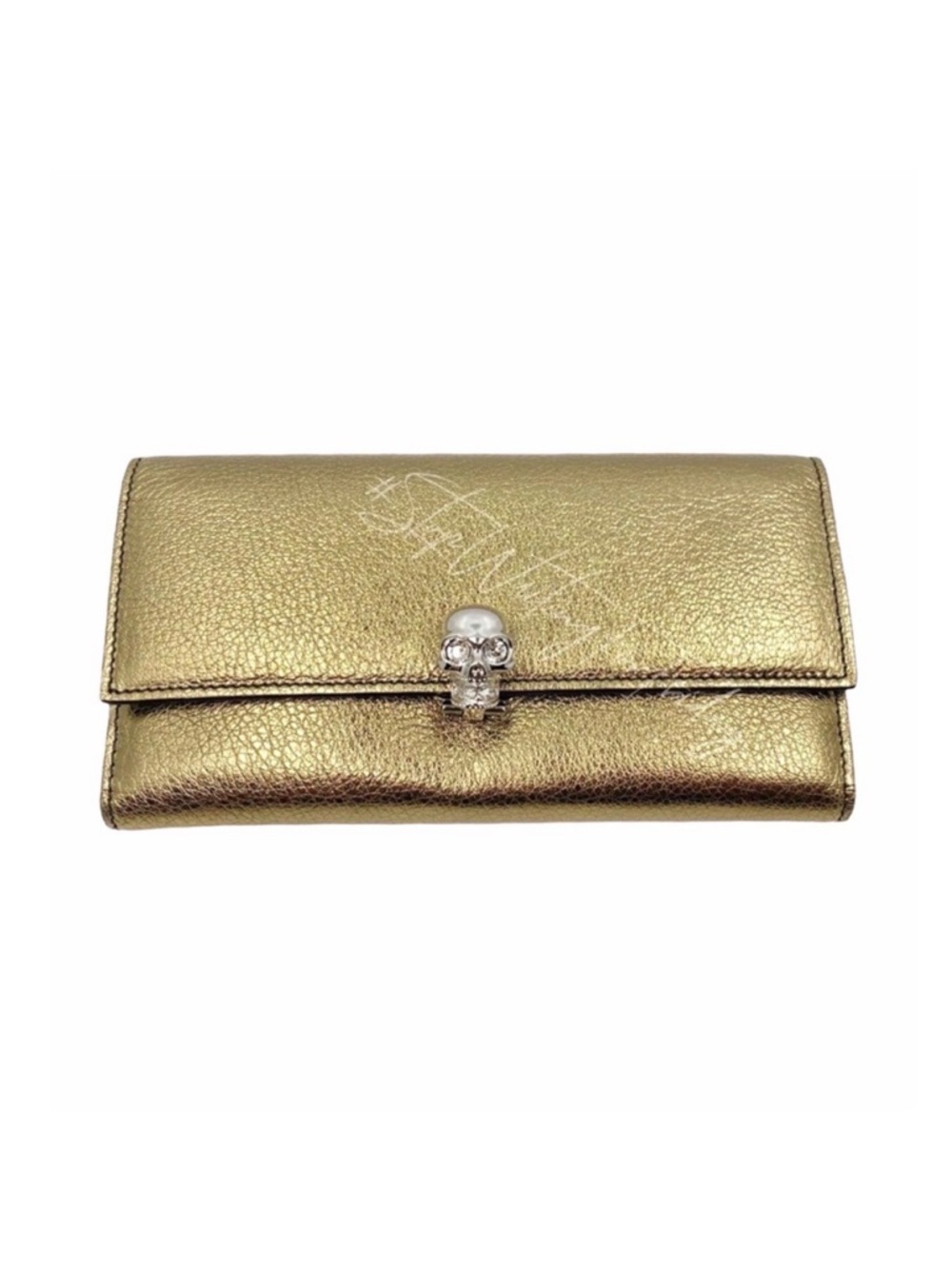 Alexander McQueen Gold Leather Flap Skull Wallet - 7.5”L x 3.75”H x 1.25”D
